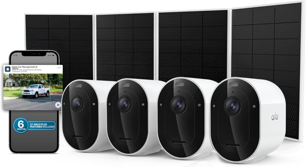 Arlo Pro Security Camera 2K HDR (6th Gen, 2025 Release) 4 Cam + 4 Solar Panels + 6 Months of Secure Plus Plan - Wireless Outdoor Camera, Battery Power, Person, Vehicle & Animal Detection, White