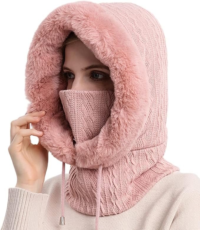 Women One Piece Slouchy Fleece Beanie Hats Scarf Mask Drawstring Warm Hooded Winter Balaclava Pullover K