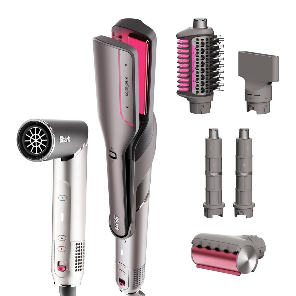 Shark FlexFusion Hair Straightener & Powerful Hair Dryer with Fusion Hair Brush, Ceramic Air Styler with Auto-Wrap Hair Curlers, Concentrator
